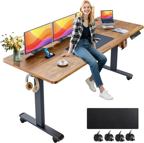 Miniatura 22 de farexon Escritorio eléctrico de pie de altura ajustable, escritorio de pie de 55 x 24 pulgadas con alfombrilla grande para el mouse, ruedas Negro