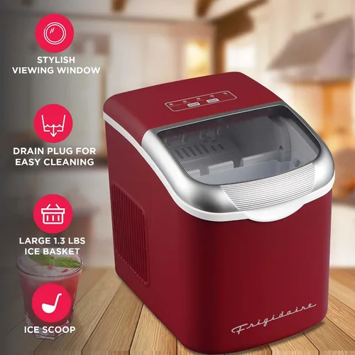 Miniatura 3 de FRIGIDAIRE Máquina de hacer hielo compacta retro, hielo bala, 26 libras por día (MerlotRed)