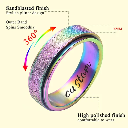 Miniatura 2 de 2 anillos antiestrés para la ansiedad para mujeres, anillo de boda de acero de titanio para niñas, grabado personalizado, explosión de arena