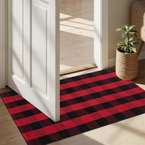 Miniatura 6 de joybest - Alfombra de felpudo tipo búfalo a cuadros de 27.5 x 43 pulgadas en negro y rojo; alfombra de algodón tejida a mano para puerta delantera