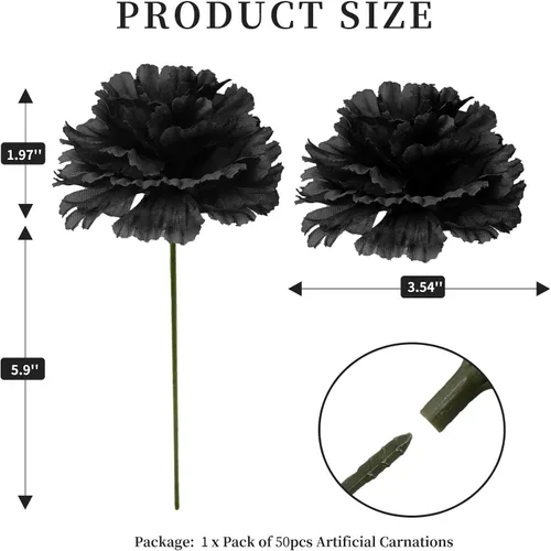 Miniatura 2 de Flor de clavel de seda, 50 flores artificiales, usadas para decoración de bodas DIY flores hechas a mano, flores de clavel de 3.5 pulgadas de Negro