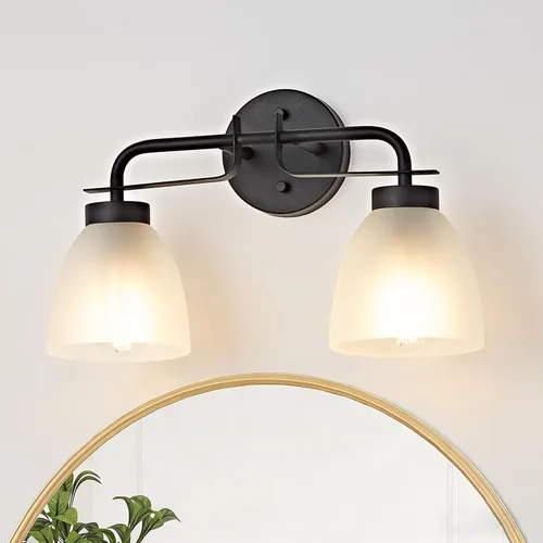 Miniatura 8 de Luces de tocador modernas de mediados de siglo de 16 pulgadas, lámpara dorada de 2 luces con pantallas de campana blancas esmeriladas, aplique