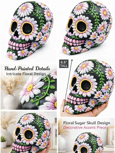 Miniatura 3 de Banco de monedas con diseño floral de calavera de azúcar negra y rosa de 5 pulgadas