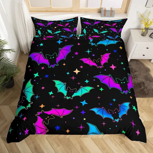 Miniatura 2 de Erosebridal Juego de ropa de cama de murciélago de Halloween, tamaño individual, con purpurina y estrellas, galaxia, funda de edredón para niños