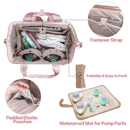 Miniatura 5 de Fasrom Mochila portátil para sacaleches con enfriador y bolsa de mano, compatible con bombas manos libres Momcozy Medela y Elvie, color rosa