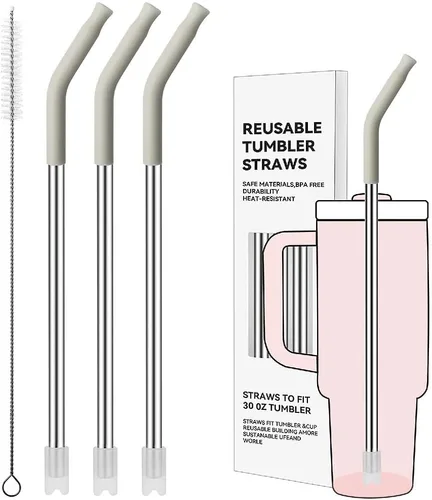 Miniatura 36 de Pajitas de metal rectas para vaso Stanley de 40 onzas, paquete de 3 popotes reutilizables de acero inoxidable con puntas de silicona y cepillo Gris