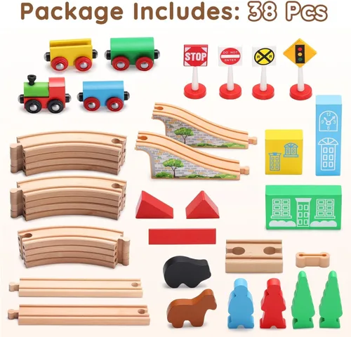Miniatura 7 de SainSmart Jr. Juego de tren de madera para niños pequeños con vías de tren de doble cara para Brio, Thomas, Melissa y Doug, tren de juguete