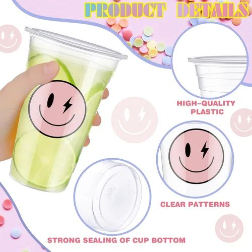 Miniatura 4 de Norme Juego de 52 vasos de plástico con tapa de cara sonriente de 16 onzas, tazas de café helado desechables transparentes con rayas