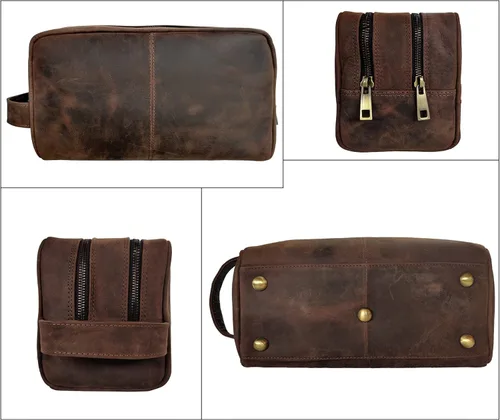 Miniatura 5 de Estuche hecho a mano de piel de búfalo auténtico. Neceser para juego de rasurar y cuidado personal para viaje ~ Regalo para hombres y mujeres., Café