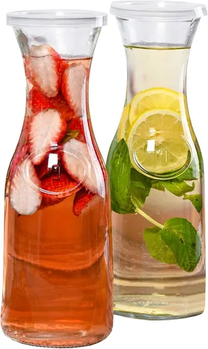 Estilo Jarra de vidrio de 1 litro con tapa para 1 litro (2), agua, porción de jugo, diseño de cuello alto y estrecho, 33 onzas, juego de 2,