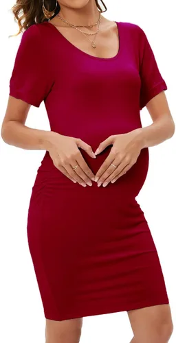 Miniatura 5 de ZIUMUDY Vestido ajustado de maternidad fruncido con cuello redondo y manga corta para baby shower, embarazo, vestido casual
