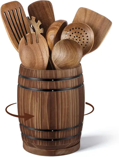 Honeydak Soporte de utensilios de madera para encimera de cocina, diseño de barril de vino giratorio de 360°, organizador de recipiente para