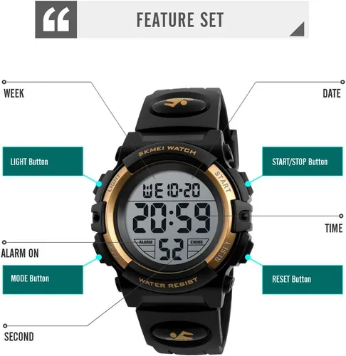 Miniatura 4 de Reloj digital deportivo impermeable para niños, reloj despertador de 1224 H, cronómetro, calendario de 3 a 15 años, reloj de pulsera para niños