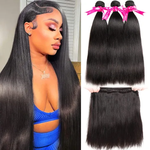 Miniatura 2 de Subella 3 manojos de cabello humano brasileño lacio, grado 10A, virgen, sin procesar, color negro natural (8, 10, 12 pulgadas)