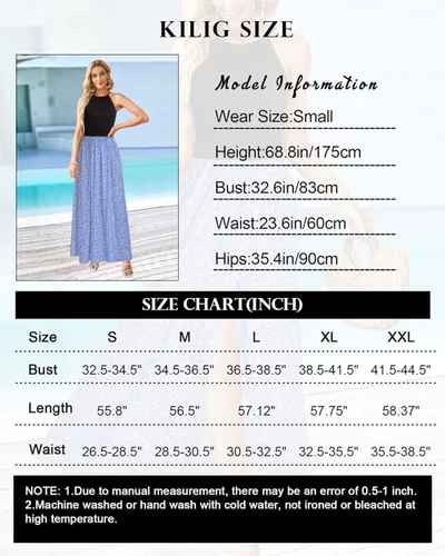 Miniatura 6 de KILIG - Vestido largo con corte y bolsillos, hawaiano, para la playa, para primavera, con cuello halter, floral, informal, largo hasta el tobillo