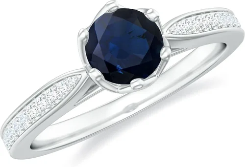 Miniatura 11 de Anillo de compromiso con solitario mínimo de zafiro azul, redondo de 0.197 in, calidad AAA, joyería inspirada en flores para mujer