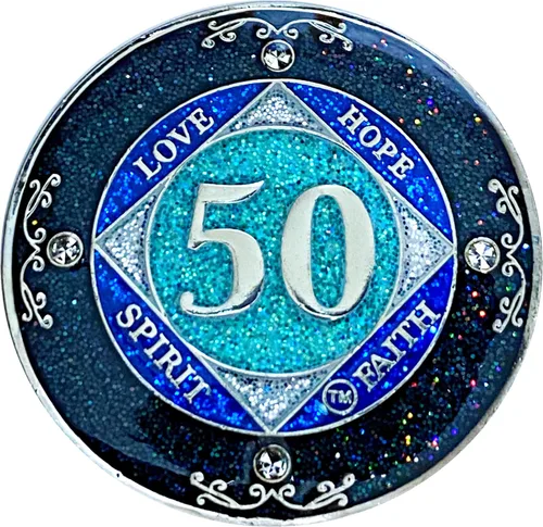 Miniatura 11 de NA 1 año de cristales y medallón de purpurina, moneda chapada en color plateado, arco iris negro, purpurina azul y cuatro cristales transparentes