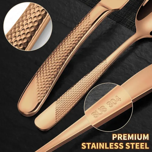 Miniatura 6 de Lemeya Juego de cubiertos martillados de oro rosa martillado de 20 piezas para 4 con cuchillos de forja dentados, juego de cubiertos moderno