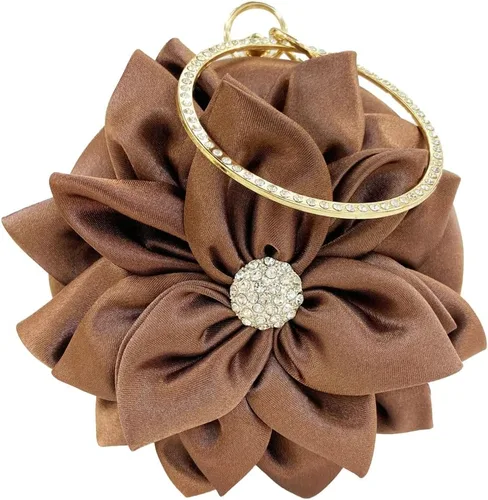 Obosoyo Bolso de mano con diamantes de imitación en forma de flor para mujer, bolso redondo de satén suave, bolso de mano para fiesta de boda, bolso