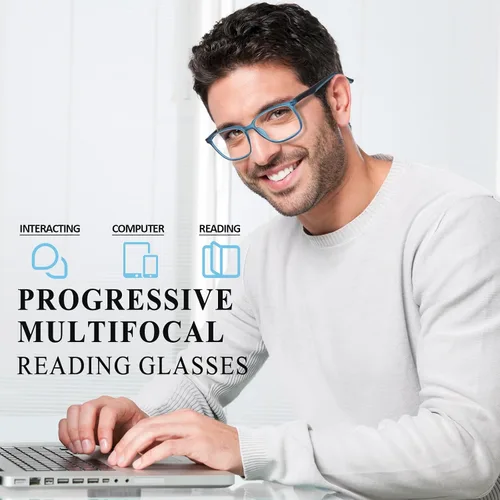 Miniatura 4 de BLOEXCLU Anteojos progresivos de lectura multienfoque para hombres y mujeres, con bloqueo de luz azul, con bisagra de resorte, diseño de dos tonos