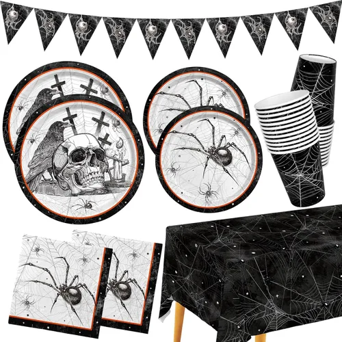 Suministros de fiesta de Halloween con telas de araña: con temas de calavera y araña, platos de papel de tela malvada todo incluido, servilletas,