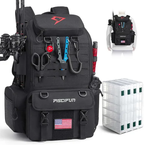 Piscifun Mochila para equipo de pesca de 52L con soportes para cañas y 4 cajas de aparejos, bolsa grande de aparejos para almacenamiento de equipo
