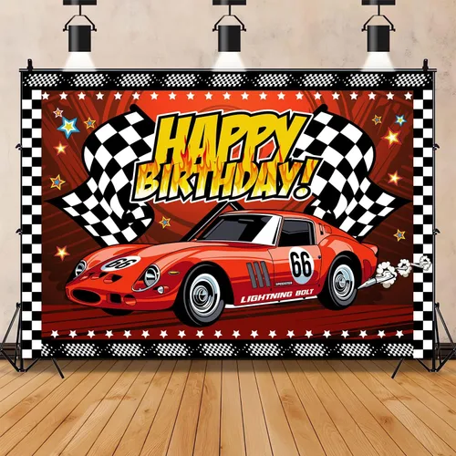 Miniatura 11 de Telón de fondo de feliz cumpleaños de 7 x 5 pies, cartel de fiesta de coche de carreras, pista de carreras, fondo de fotos a cuadros negros
