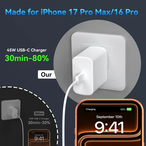 Miniatura 4 de Cargador para teléfono 17 16 Pro Max de carga rápida, bloque de carga USB C súper rápido de 45W con cable de carga trenzado de nylon de 10 pies