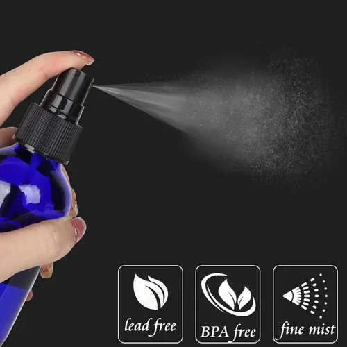 Miniatura 7 de CycleMore, 16 botellas de spray de vidrio azul de 120 ml, 4 oz, con rociadores de niebla fina, botellas de vidrio para viajes para cosméticos, Azul