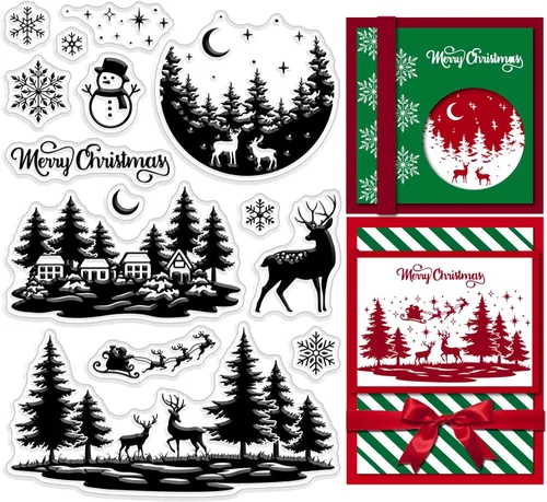 CRASPIRE Sellos de goma transparente de Navidad para casa de invierno, bosque, copo de nieve, alce, muñeco de nieve, trineo, sellos de silicona