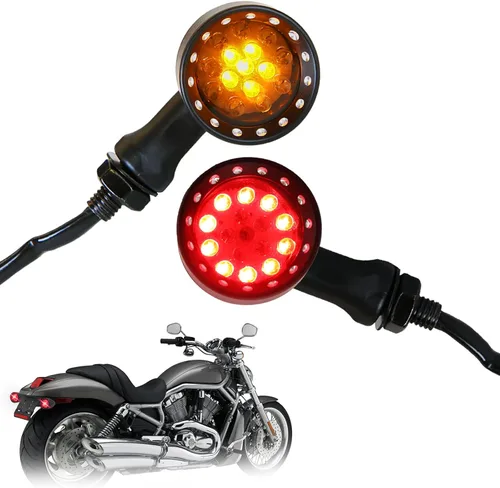 DREAMIZER - Luces de señal de giro para motocicleta, 15 LED, color negro, tipo bala, luces indicadoras delanteras y traseras, luz roja y ámbar, Luz