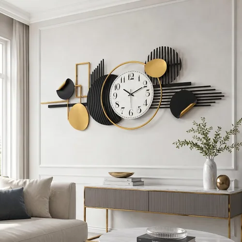 WALL Arte de pared abstracto moderno de metal, círculos geométricos negros y dorados, decoración contemporánea del hogar, 59 x 24 pulgadas, arte de