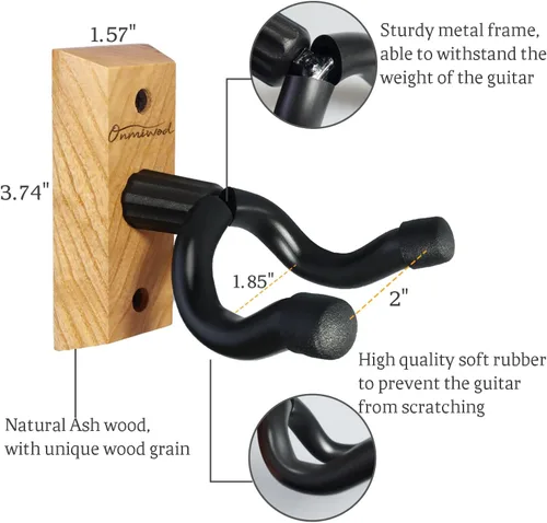 Miniatura 5 de Onmiwod Soporte de pared para guitarra, paquete de 2 unidades, colgador de guitarra de madera dura de ceniza, soporte de pared para guitarra