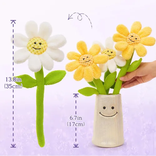 Miniatura 2 de Tezituor 3 piezas de peluche de flores con jarrón suave, ramo de tela de animales de peluche de margaritas de 14 pulgadas, regalo para niñas, novia