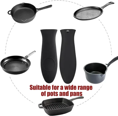 Miniatura 3 de Paquete de 2 fundas de silicona para mango de sartén de hierro fundido resistentes al calor, fundas para ollas y sartenes, soporte de mango de Negro