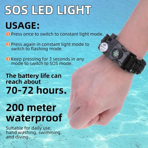 Miniatura 4 de Pulsera de cuerda de paracaídas de supervivencia ajustable, paquete de 2 kits de inicio de fuego de emergencia con silbato fuerte, brújula, luz