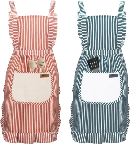 Miniatura 15 de Paquete de 2 delantales de cocina ajustables para mujeres y hombres con bolsillos, delantal de trabajo, parrilla, restaurante