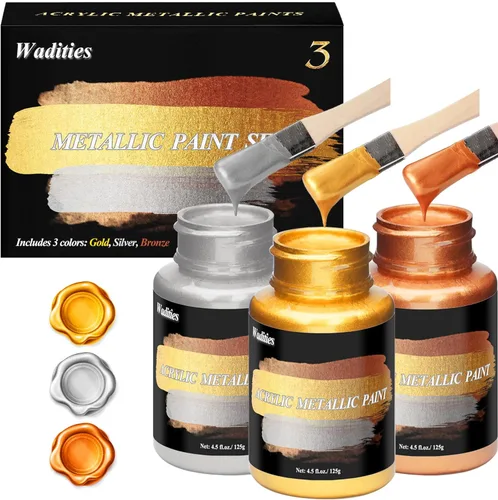 Wadities Pintura Acrílica Metálica, 3 piezas de 13.5oz(375g) Oro, Plata y Bronce, Pintura de Hoja de Oro para Arte, Ideal para Lienzo, Madera,