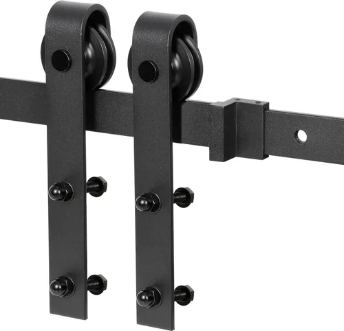 Miniatura 8 de Kit de herrajes para puerta de granero de 6.6 pies, riel de puerta corredera individual con tapón de rodillo, resistente, se desliza suavemente