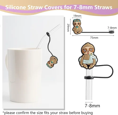 Miniatura 2 de 6 piezas de cubierta de pajita de silicona con diseño de perezoso para vaso Stanley, 7-8mm, reutilizable, lindo tapón rosa para pajitas, accesorios
