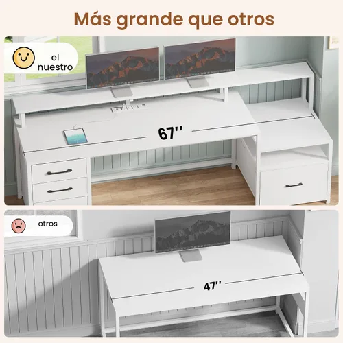 Miniatura 4 de SEDETA Escritorio blanco para computadora con 5 cajones y toma de corriente, escritorio de oficina en casa de 66 pulgadas con cajón de archivos