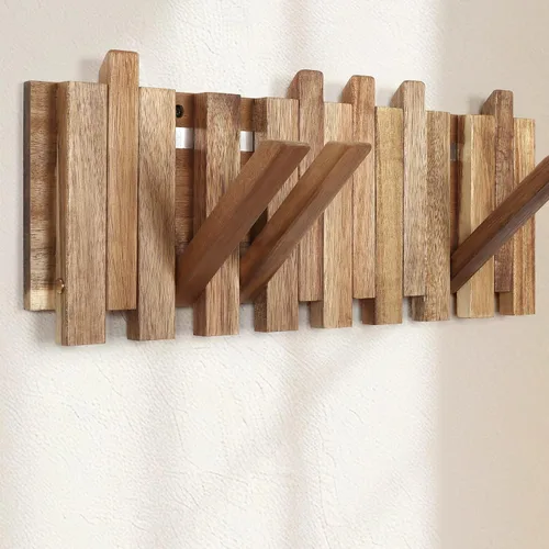 Miniatura 10 de Perchero de pared para entrada: Plegable rústico de madera con 8 ganchos, montaje de 16.5 pulgadas, elegante colgador de piano para pasillo