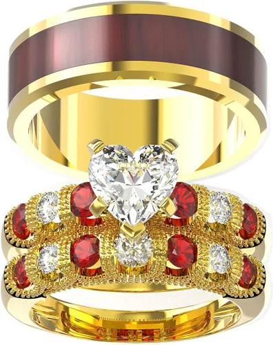 Miniatura 43 de Conjunto de dos anillos de boda para él y para ella, anillos para parejas. Anillos de compromiso para novia en acero inoxidable chapado en oro Blanco