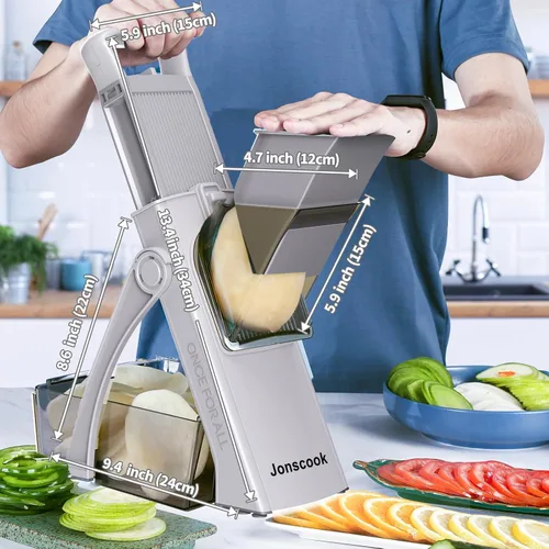 Miniatura 3 de Jonscook Recortadora de mandolina todo en 1 mejorada y segura para cocina, con espiralizador manual, picadora de alimentos con recipiente, picadora