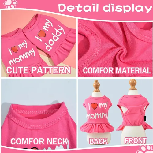 Miniatura 5 de Vestidos para perros medianos y niñas, paquete de 2 unidades, ropa rosa para niña pequeña, verano I Love My Mommy Daddy para cachorros, camisa
