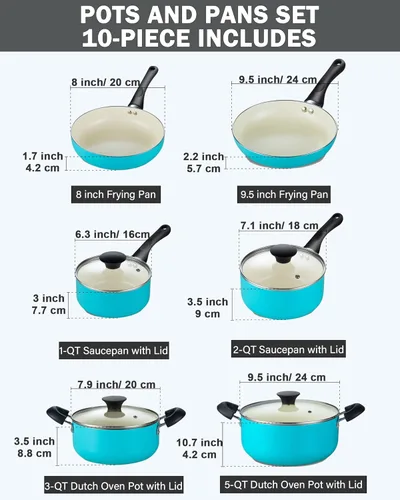 Miniatura 2 de Cook N Home Basics - Juego de ollas y sartenes antiadherentes de cerámica, hornos holandeses y cacerolas con tapa de vidrio, sartenes sin tapa, sin