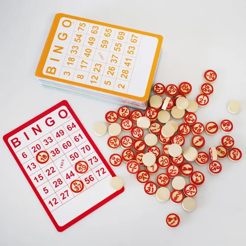 Miniatura 6 de Yuanhe Juego de bingo vintage, 100 tarjetas de bingo y 75 ajedrez de madera, para fiestas familiares grandes
