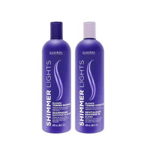 Clairol Professional Shimmer Lights - Champú y acondicionador morado | Neutraliza los tonos latones y amarillos | Para cabello rubio, plateado, gris