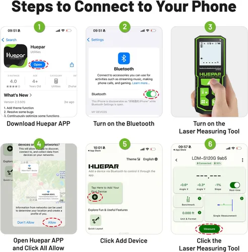 Miniatura 3 de Herramienta de Medición Láser Bluetooth Verde de 395 Pies con Sensor de Ángulo, Herramienta de Medición de Distancia Láser de Precisión de 1/16