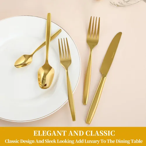 Miniatura 3 de Juego de cubiertos dorados de 20 piezas, cubiertos de acero inoxidable para 4, incluye cuchillo de carne, tenedor y cuchara, apto para lavavajillas